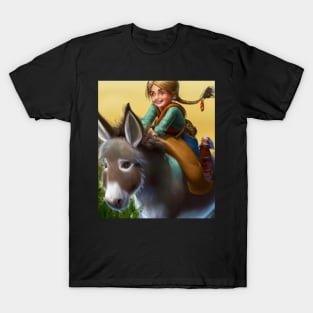 Girl with blond ponytail riding a cute donkey T-Shirt